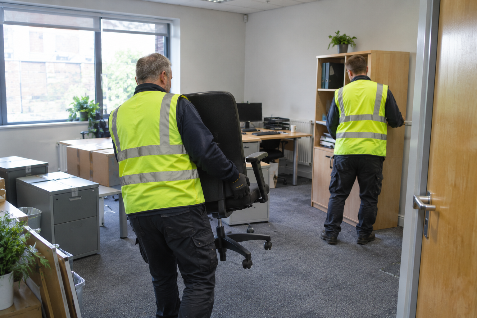 Clearance team carrying an office chair and moving a bookcase during an office clearance in London